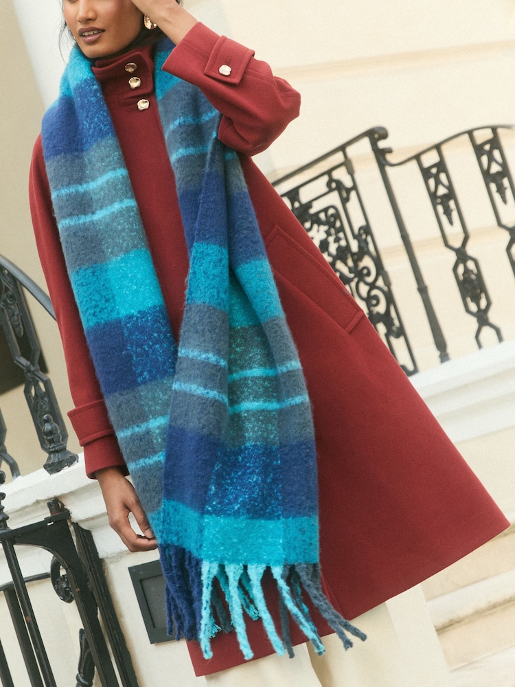 Love & Roses Teal Blue Check Oversized Brushed Scarf - Image 2 of 7