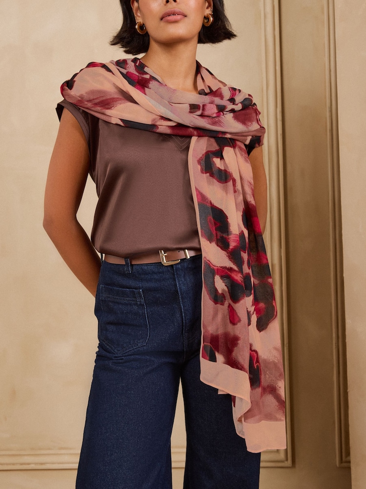 Love & Roses Pink Leopard Print Lightweight Scarf - Image 1 of 3 Love & Roses Pink Leopard Print Lightweight Scarf - Image 1 of 3