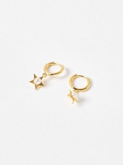 Oliver Bonas Gold Arista Pearl & Star Charm  Plated Drop Hoop Earrings - Image 4 of 5