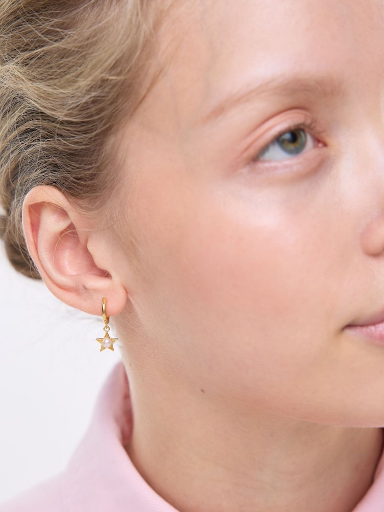 Oliver Bonas Gold Arista Pearl & Star Charm  Plated Drop Hoop Earrings - Image 5 of 5