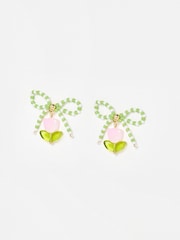 Oliver Bonas Green Joy Beaded Bow Tulip Charm Drop Earrings - Image 1 of 4