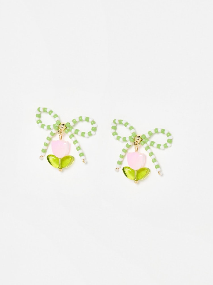 Oliver Bonas Green Joy Beaded Bow Tulip Charm Drop Earrings - Image 1 of 4