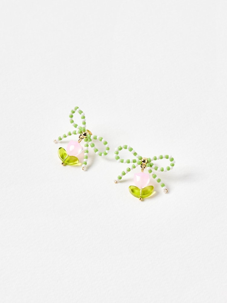 Oliver Bonas Green Joy Beaded Bow Tulip Charm Drop Earrings - Image 2 of 4