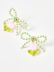 Oliver Bonas Green Joy Beaded Bow Tulip Charm Drop Earrings - Image 3 of 4