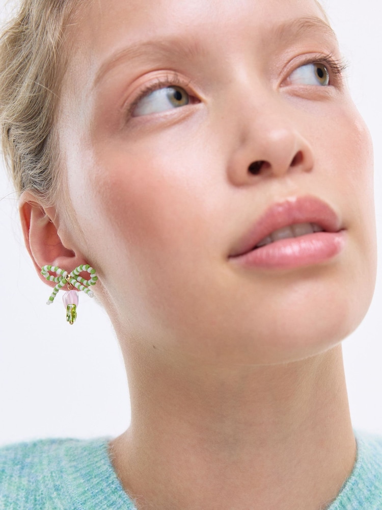 Oliver Bonas Green Joy Beaded Bow Tulip Charm Drop Earrings - Image 4 of 4