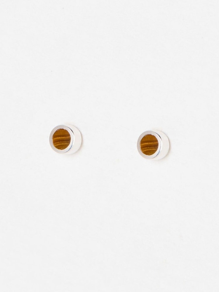 Oliver Bonas Sterling Silver Nettie Tiger's Eye Silver Mini Stud Earrings - Image 1 of 3
