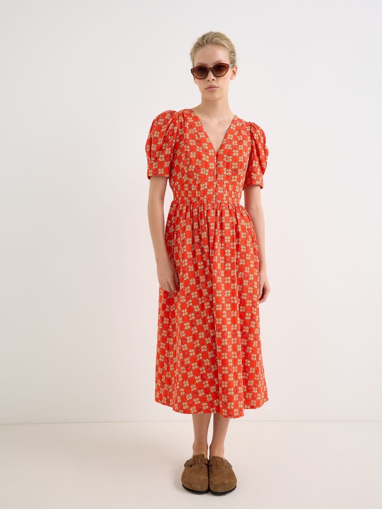 Oliver Bonas Red Strawberry V-Neck Midi Dress - Image 1 of 7