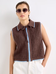 Oliver Bonas Brown Tie Front Crochet Waistcoat - Image 1 of 7