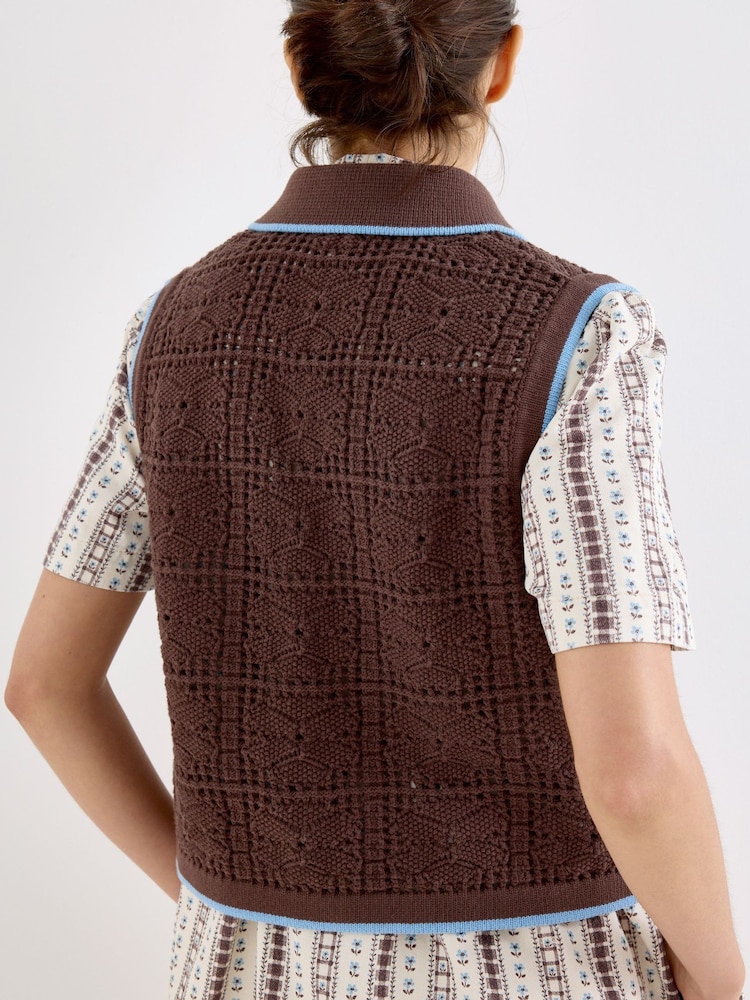 Oliver Bonas Brown Tie Front Crochet Waistcoat - Image 2 of 7