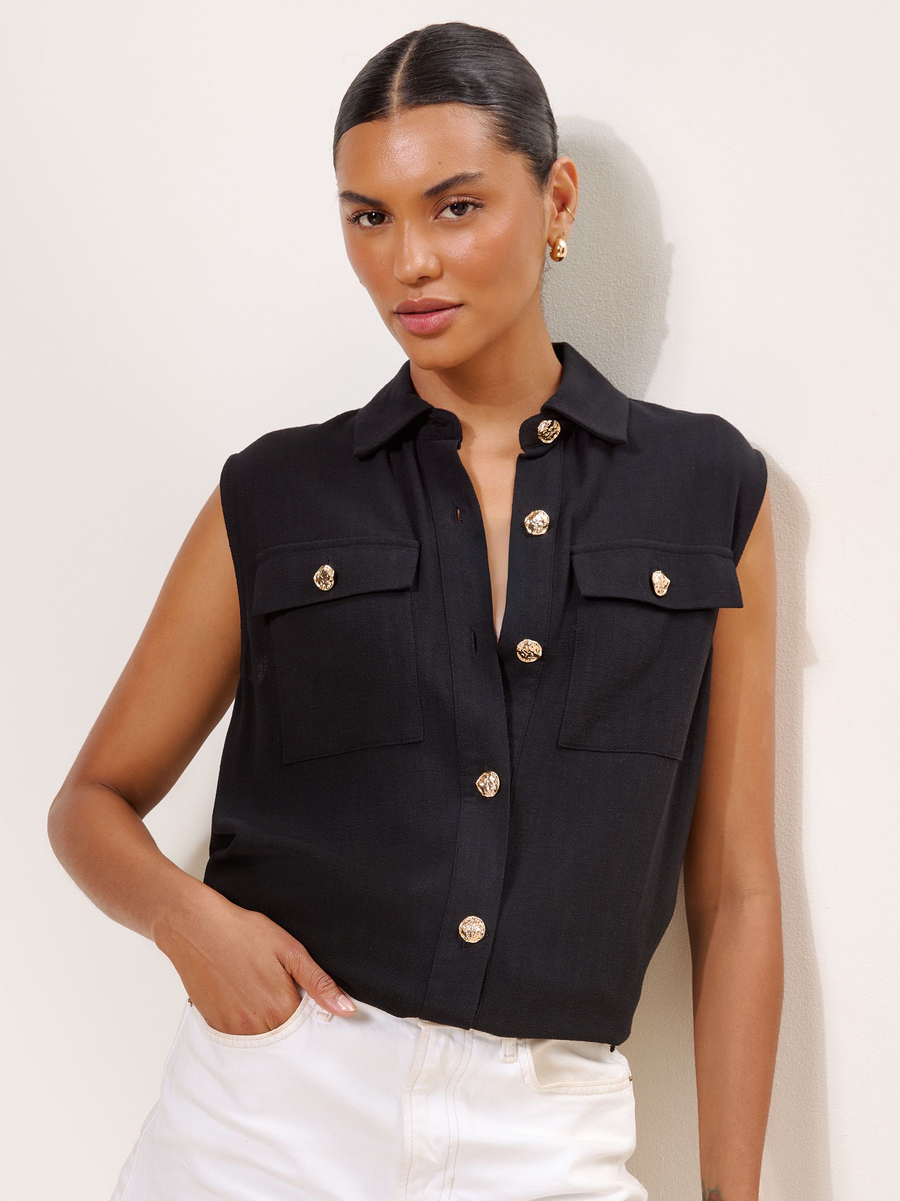Womens Lipsy Black Touch Of Linen Sleeveless Utility Shirt US 4