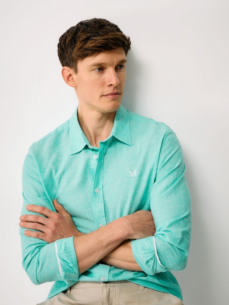 Crew Clothing Company Turquoise Blue Long-Sleeve Linen Shirt - Image 1 of 5