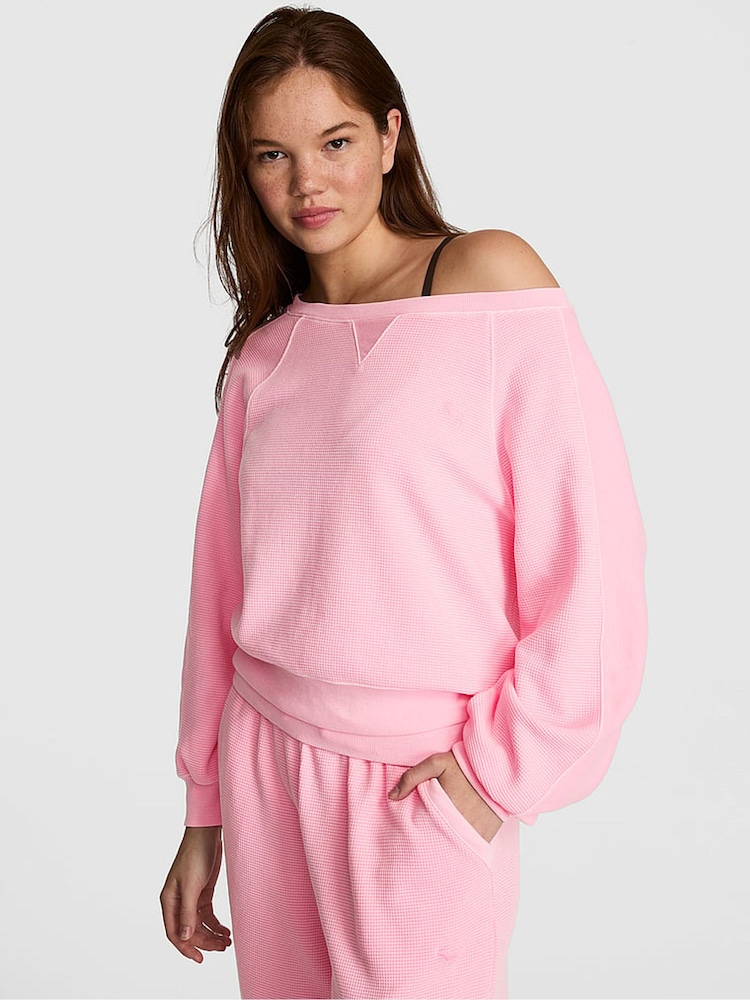 Victoria's Secret Pink Victoria Pink Off The Shoulder Waffle Sweatshirt - Image 1 of 2 Victoria's Secret Pink Victoria Pink Off The Shoulder Waffle Sweatshirt - Image 1 of 2