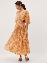 Monsoon Orange Carris Plunge Floral Midi Dress - Image 1 of 5