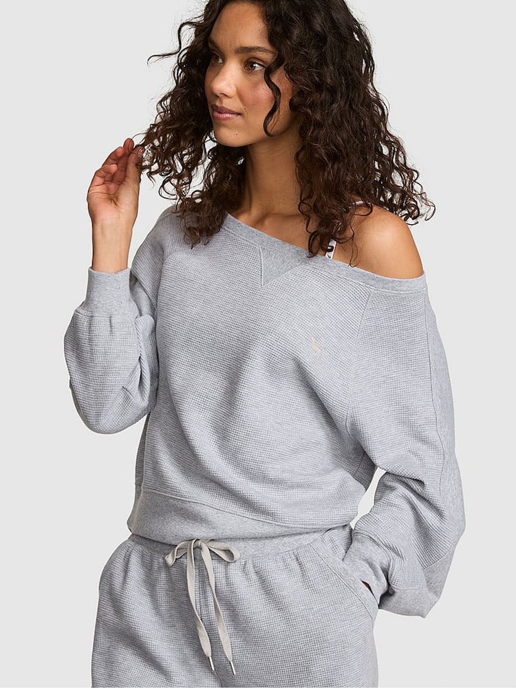 Victoria's Secret Pink Medium Heather Grey Off The Shoulder Waffle Sweatshirt - Image 1 of 2 Victoria's Secret Pink Medium Heather Grey Off The Shoulder Waffle Sweatshirt - Image 1 of 2