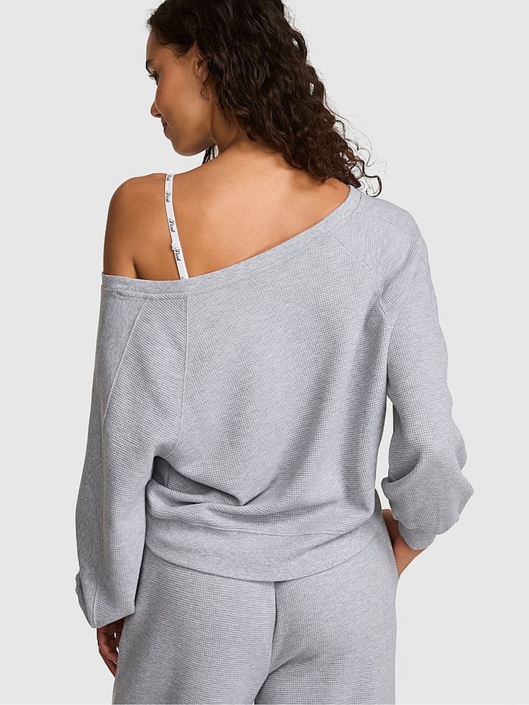 Victoria's Secret Pink Medium Heather Grey Off The Shoulder Waffle Sweatshirt - Image 2 of 2 Victoria's Secret Pink Medium Heather Grey Off The Shoulder Waffle Sweatshirt - Image 2 of 2