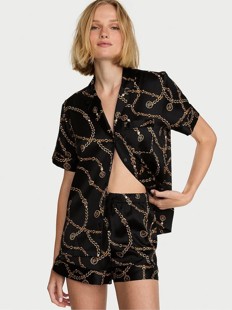 Victoria's Secret Black Chains Satin Short Pyjamas Set - Image 1 of 3 Victoria's Secret Black Chains Satin Short Pyjamas Set - Image 1 of 3
