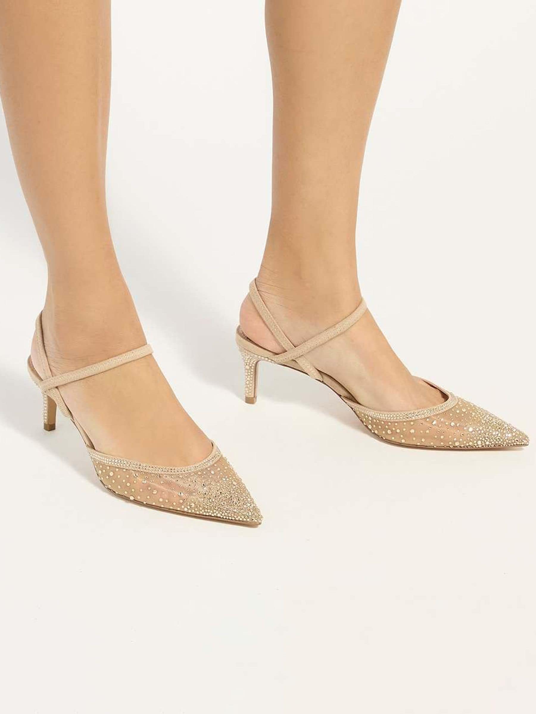 Dune London Unisex Kids Natural Standard Fit Charismatic Pointed Metallised Fibre Slingback Heels - Image 1