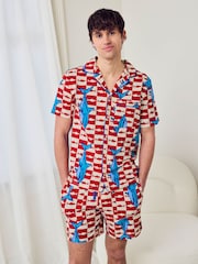 Chelsea Peers Red Checkerboard Shark Print Button Up Short Pyjamas Set - Image 1 of 6