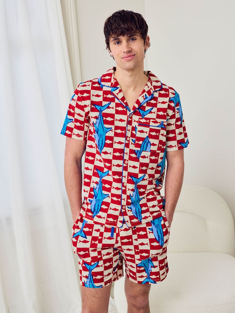 Chelsea Peers Red Checkerboard Shark Print Button Up Short Pyjamas Set - Image 1 of 6