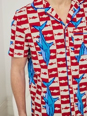 Chelsea Peers Red Checkerboard Shark Print Button Up Short Pyjamas Set - Image 2 of 6