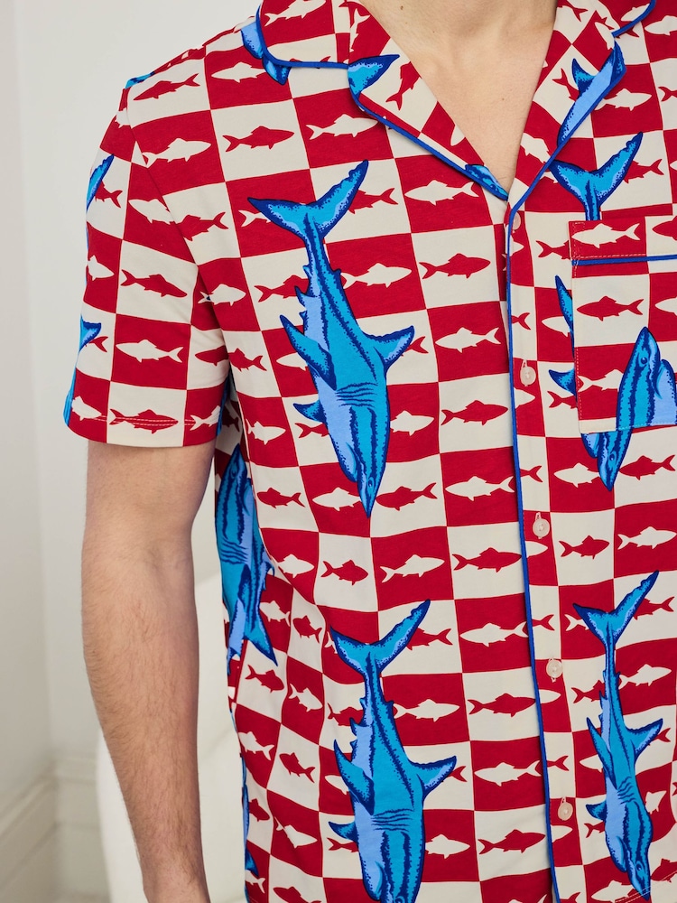 Chelsea Peers Red Checkerboard Shark Print Button Up Short Pyjamas Set - Image 2 of 6