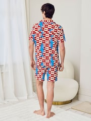 Chelsea Peers Red Checkerboard Shark Print Button Up Short Pyjamas Set - Image 3 of 6