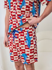 Chelsea Peers Red Checkerboard Shark Print Button Up Short Pyjamas Set - Image 4 of 6