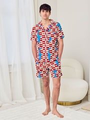 Chelsea Peers Red Checkerboard Shark Print Button Up Short Pyjamas Set - Image 5 of 6