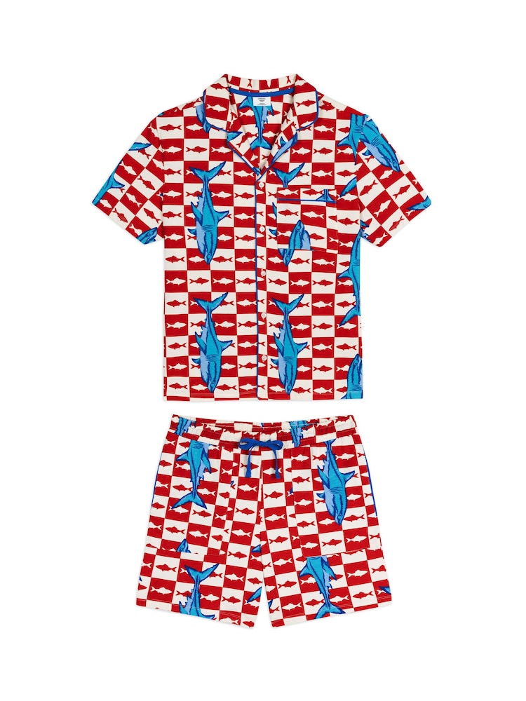 Chelsea Peers Red Checkerboard Shark Print Button Up Short Pyjamas Set - Image 6 of 6