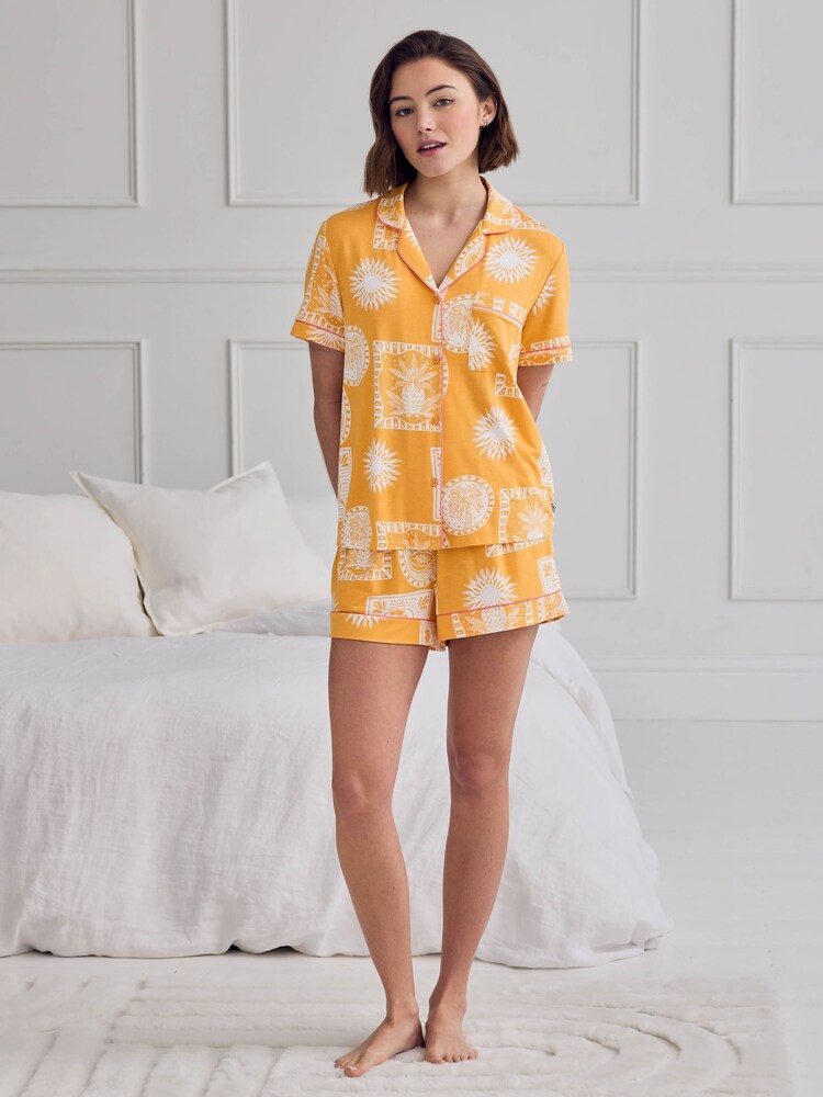 Chelsea Peers Yellow Tencel™ Modal Stamp & Tile Print Short Pyjamas Set - Image 2 of 6