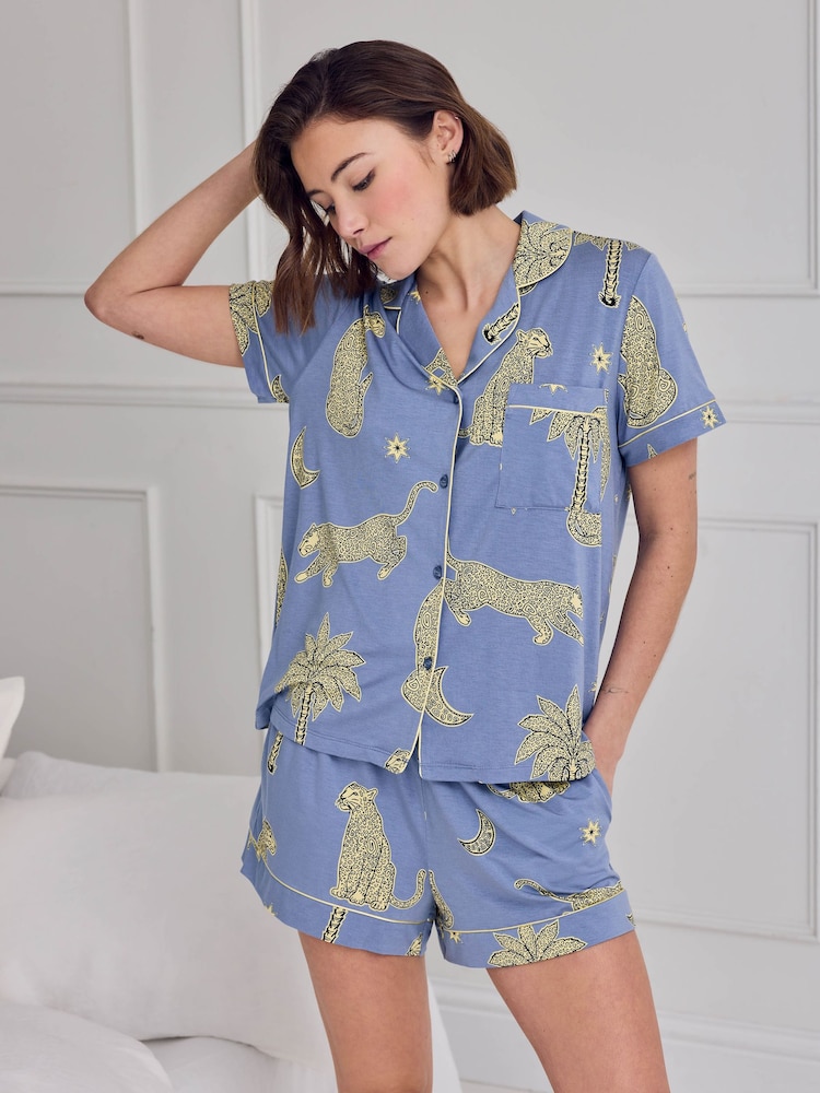 Chelsea Peers Blue Tencel™ Modal Midnight Leopard Print Short Pyjamas Set - Image 2 of 7