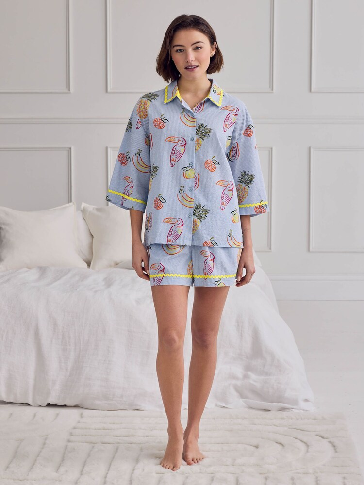 Chelsea Peers Toucan & Fruit Stripe Print Short Pyjamas Set - Imagen 1 de 7