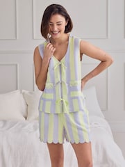 Chelsea Peers Purple Linen Blend Scallop Edge Tie-Front Stripe Cami Short Pyjamas Set - Image 1 of 6