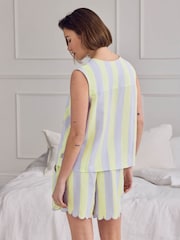 Chelsea Peers Purple Linen Blend Scallop Edge Tie-Front Stripe Cami Short Pyjamas Set - Image 4 of 6