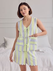Chelsea Peers Purple Linen Blend Scallop Edge Tie-Front Stripe Cami Short Pyjamas Set - Image 5 of 6