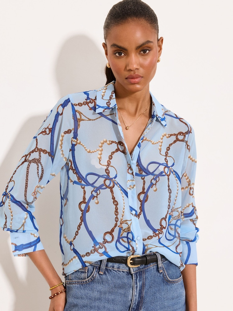 Lipsy Blue Chiffon Chain Print Longling Shirt - Image 1 of 5