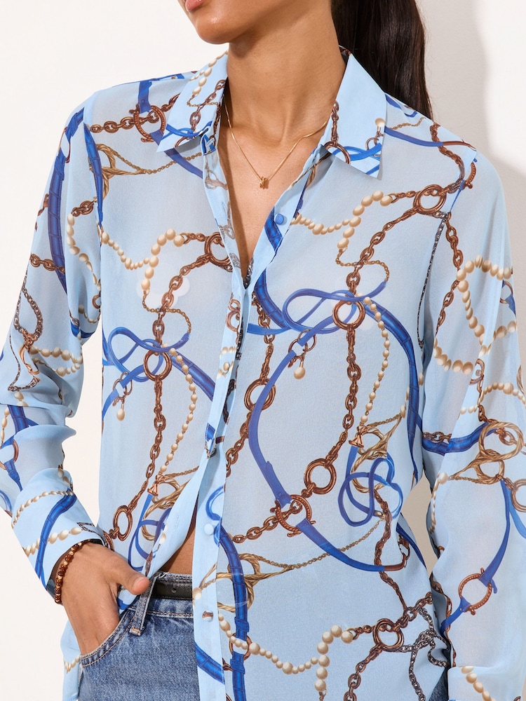 Lipsy Blue Chiffon Chain Print Longling Shirt - Image 5 of 5