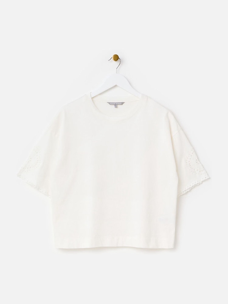 Oliver Bonas Cream Ecru Broderie Sleeve Cotton T-Shirt - Image 1 of 7