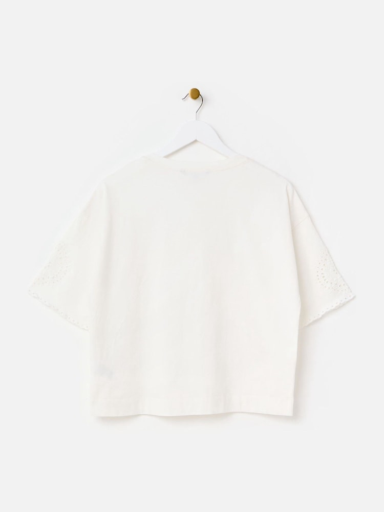Oliver Bonas Cream Ecru Broderie Sleeve Cotton T-Shirt - Image 2 of 7