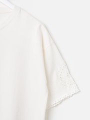 Oliver Bonas Cream Ecru Broderie Sleeve Cotton T-Shirt - Image 4 of 7