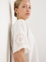 Oliver Bonas Cream Ecru Broderie Sleeve Cotton T-Shirt - Image 6 of 7