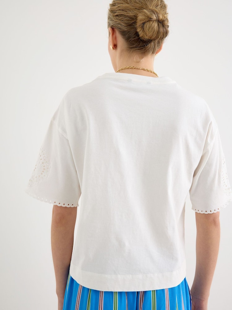 Oliver Bonas Cream Ecru Broderie Sleeve Cotton T-Shirt - Image 7 of 7