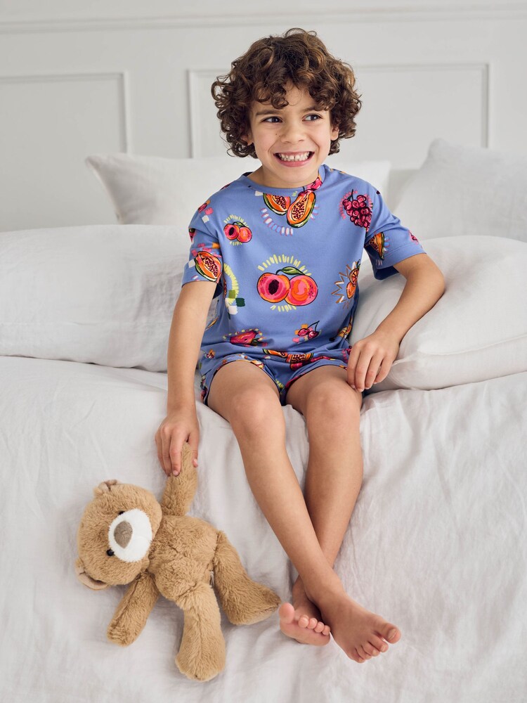 Chelsea Peers Blue Fruit Party Print Short Pyjamas Set - Image 1 of 7 Chelsea Peers Blue Fruit Party Print Short Pyjamas Set - Image 1 of 7