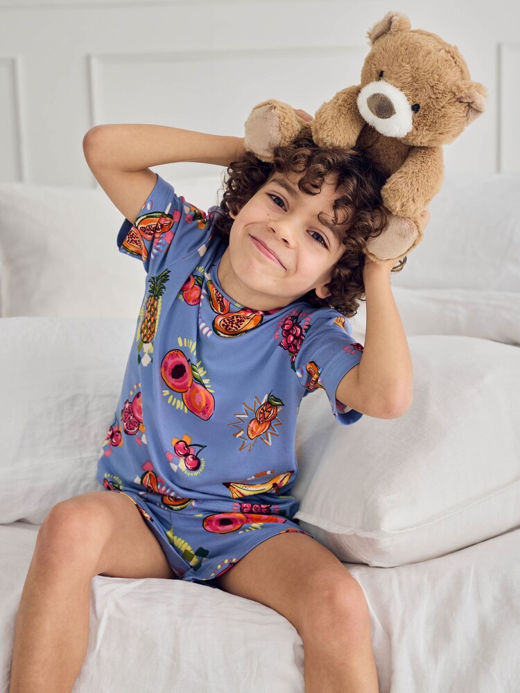 Chelsea Peers Blue Fruit Party Print Short Pyjamas Set - Image 2 of 7 Chelsea Peers Blue Fruit Party Print Short Pyjamas Set - Image 2 of 7
