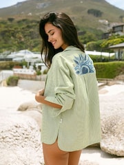 Chelsea Peers Green Poplin Embroidered Back Stripe Long Sleeve Shirt - Image 1 of 7