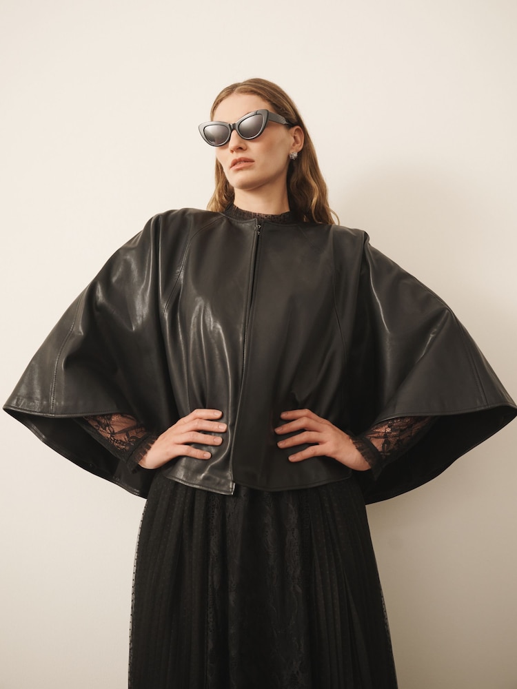 CERENE Blythe Black Real Leather Cape Jacket - Image 1 of 10 CERENE Blythe Black Real Leather Cape Jacket - Image 1 of 10