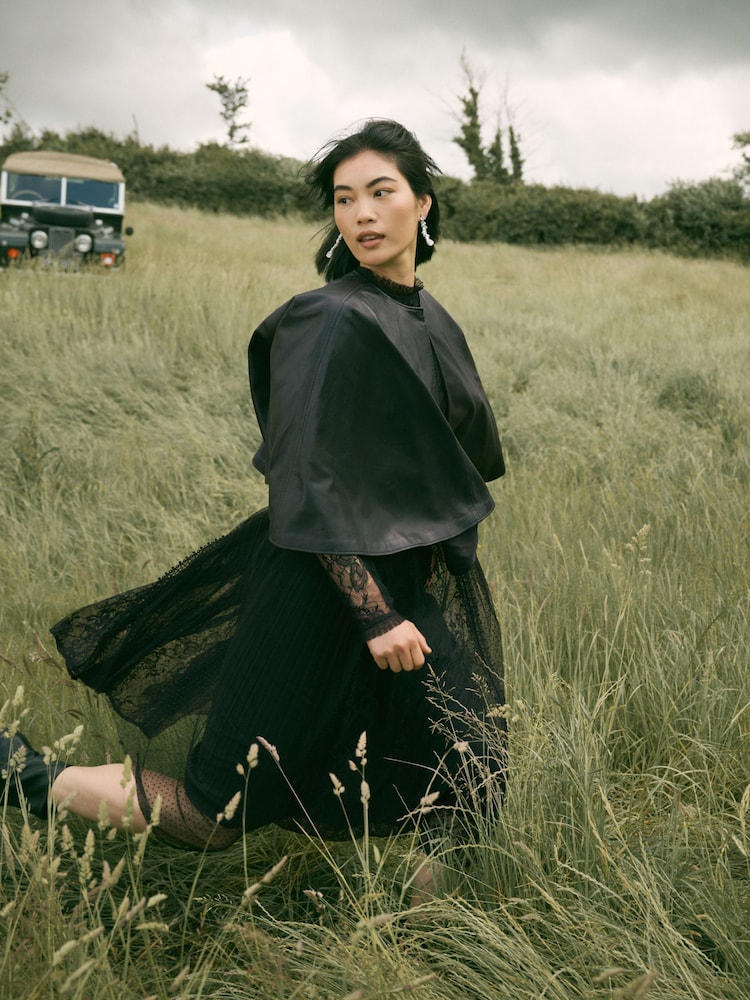 CERENE Blythe Black Real Leather Cape Jacket - Image 2 of 10 CERENE Blythe Black Real Leather Cape Jacket - Image 2 of 10