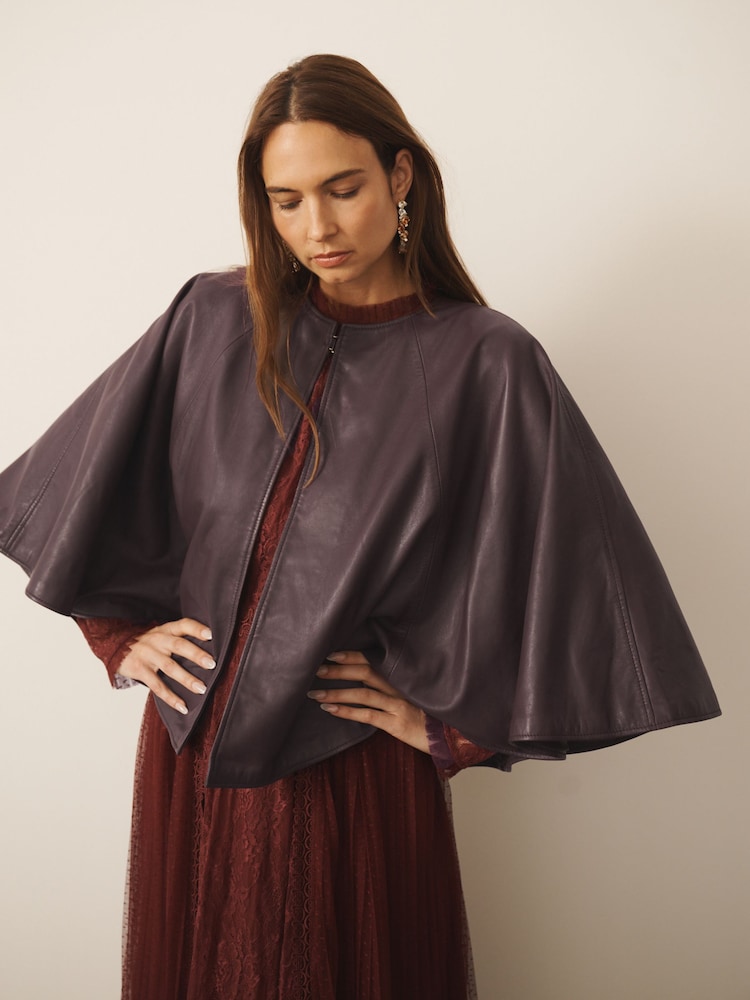 CERENE Blythe Burgundy Red Real Leather Cape Jacket - Image 1 of 9 CERENE Blythe Burgundy Red Real Leather Cape Jacket - Image 1 of 9