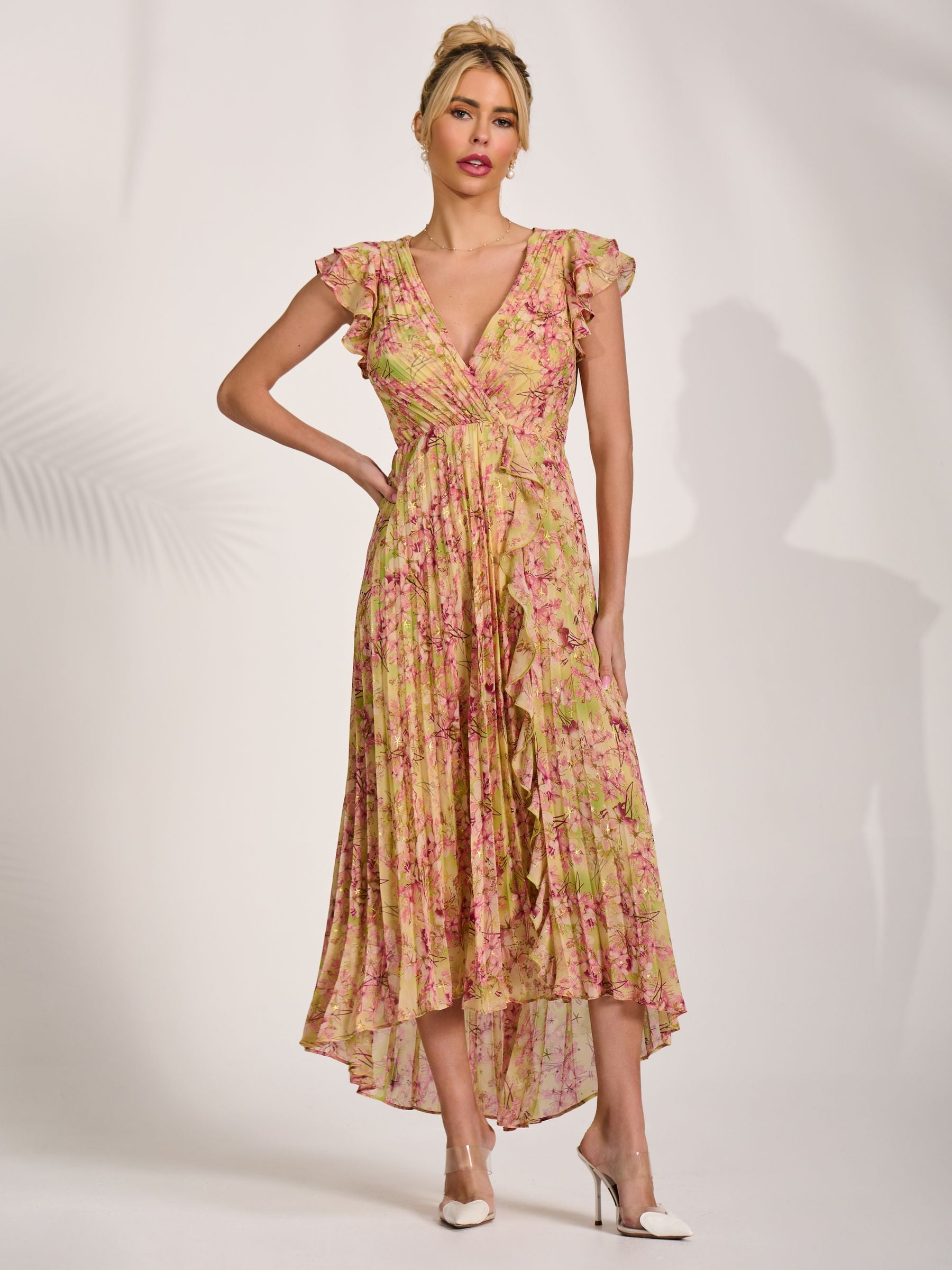 Buy Jolie Moi Purple Pleated Chiffon Dip Hem Maxi Dress from Next USA