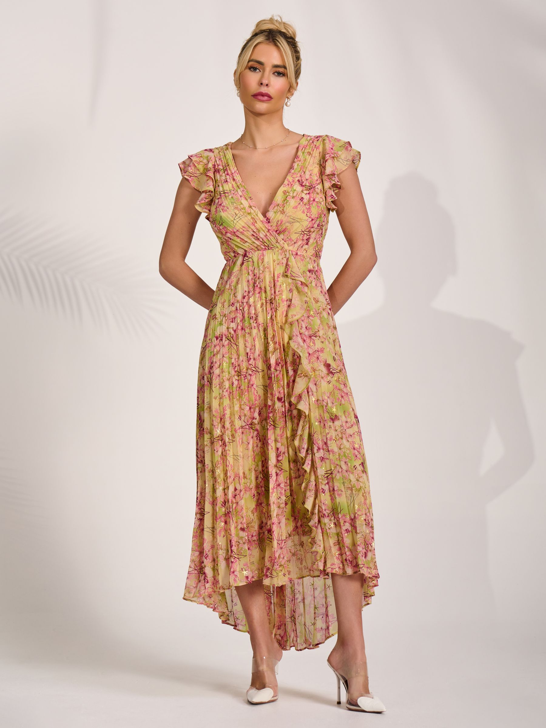Buy Jolie Moi Purple Pleated Chiffon Dip Hem Maxi Dress from Next USA